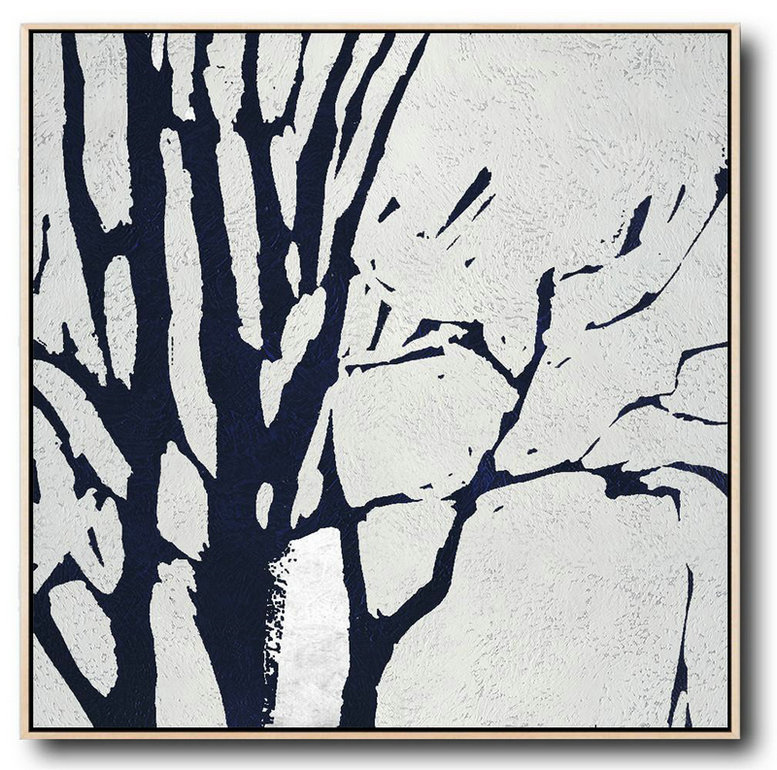 Oversized Custom Canvas Art,Minimalist Navy Blue And White Painting,Modern Art Abstract Painting